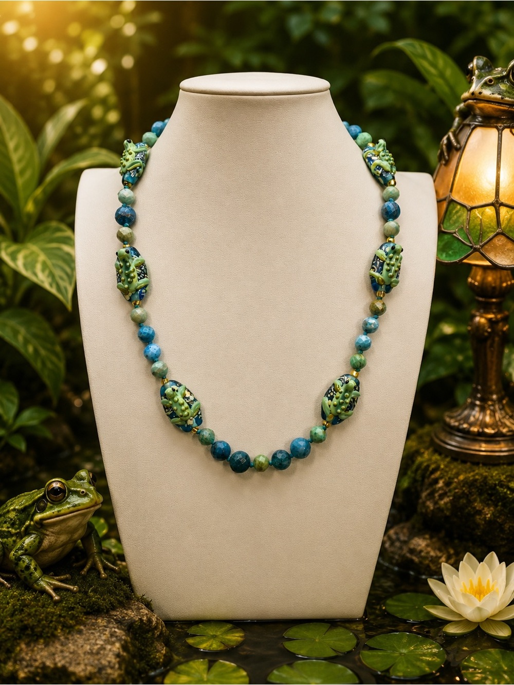 Frog Lampwork Apatite & Russian Amazonite Necklace 20” Hand Knotted Aprilsplace